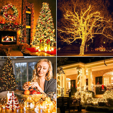 Mega Long Solar Fairy String Lights 288 Feet 800 LED Waterproof Outdoor Twinkle Lights illuminating festive scenes.