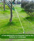 Heavy Duty Tree Stakes And Ground Anchor Kit for young trees, weatherproof support with 3 metal stakes and straps securing a tree in a garden.
