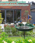 Solar Powered Bird Bath With Fountain For Hummingbirds, Durable 5 Prong Metal Stake Stand in garden setting with birds