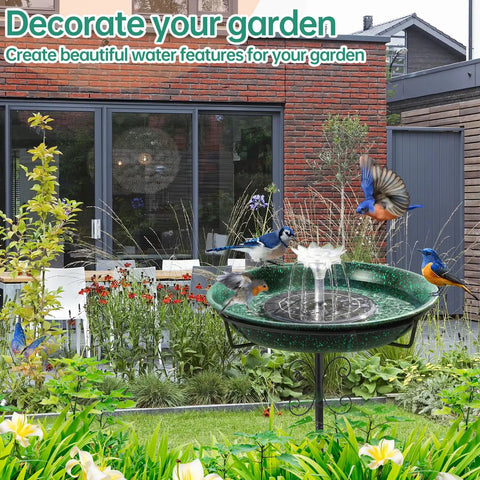 Solar Powered Bird Bath With Fountain For Hummingbirds, Durable 5 Prong Metal Stake Stand in garden setting with birds