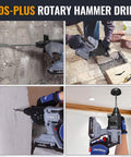 Cordless 20V Rotary Hammer Drill With SDS Plus Chuck, 7/8 Inch Capacity in use for concrete, tiles, and ceiling installation.