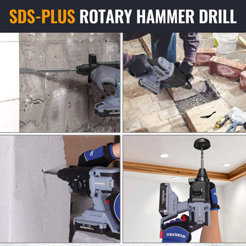 Cordless 20V Rotary Hammer Drill With SDS Plus Chuck, 7/8 Inch Capacity in use for concrete, tiles, and ceiling installation.