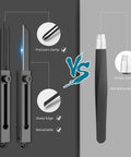 Comparison of Pocket Knife 2 In 1 EDC Keychain Tweezers Multitool Box Cutter Retractable Utility Knife versus standard tweezers.