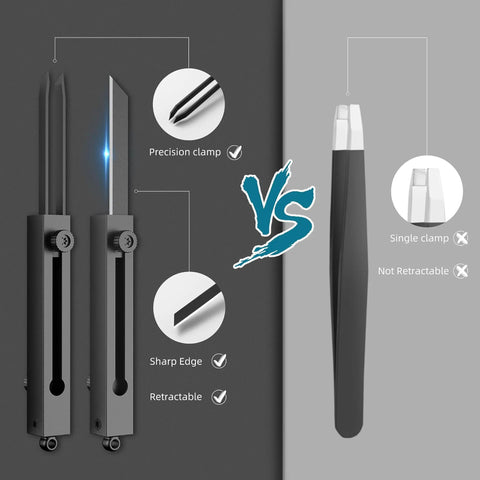 Comparison of Pocket Knife 2 In 1 EDC Keychain Tweezers Multitool Box Cutter Retractable Utility Knife versus standard tweezers.