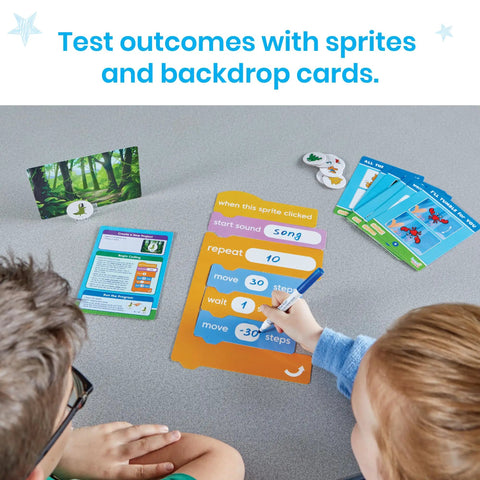 Children using Scratch Block Based Coding Kit for Students Ages 8 to 12 Hands On Unplugged Coding Activities for Classroom.