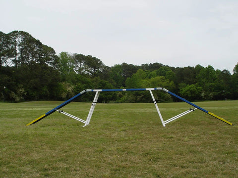 6 Foot Dog Agility Walk With Aluminum Rails And Rubber Surface Adjustable Height Two Ramps And Center Board Durable Alloy Build Non Slip Training Obstacle For Backyard Or Gym Easy Setup Portable And Ready To Run on grassy field