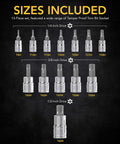 Image showing 13-piece Tamper Proof Torx Bit Socket Set in various sizes from T8H to T60H with S2 Alloy Steel and chrome vanadium sockets.