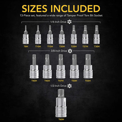 Image showing 13-piece Tamper Proof Torx Bit Socket Set in various sizes from T8H to T60H with S2 Alloy Steel and chrome vanadium sockets.