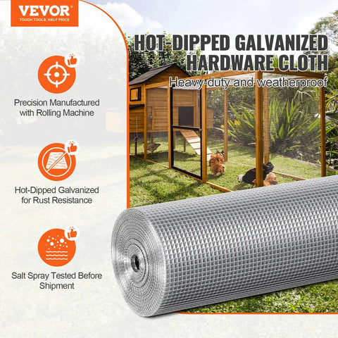 Hot dipped galvanized hardware cloth roll with outdoor chicken coop in background.