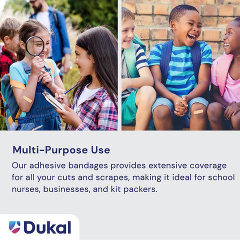 Children with bandages on elbows and knees, multi-purpose use of Sheer Strips Adhesive Bandages 1 By 3 Inch, Bulk Case of 1500.