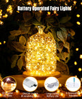 Battery-operated fairy lights in glass dome with warm white glow and foliage, Six Pack Battery Operated Fairy Lights With Timer And Remote Six Point Five Foot Copper Wire 20LED Warm White Twinkle Lights Waterproof Firefly String For Mason Jar Wedding Party Christmas Centerpiece And Decor.
