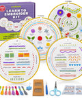 4 Piece Starter Embroidery Kit For Beginners And Pros With Simple Patterns Learn 29 Stitches By Hand Embroidery Set Includes Hoop 7.8 Inch Pre Printed Cloths And Plenty Of Thread For Easy At Home Crafting shown with threads, hoops, and tools.