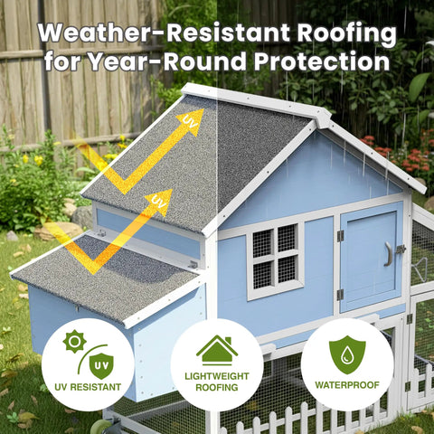 Light blue Weatherproof Wooden Chicken Coop With Indoor Outdoor Walk In Hen House and UV-resistant roofing in backyard.
