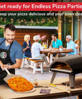 Pro Grade Home Pizza Oven Accessories Kit 6 Piece Set With Peel Oven Brush Bubble Popper Turner Rocker Cutter Dough Roller And Scraper Ideal For Home Pizzeria Nights Easy Safe Handling With Long Handles Durable Materials showing outdoor pizzeria setup with pizza oven and party scene.