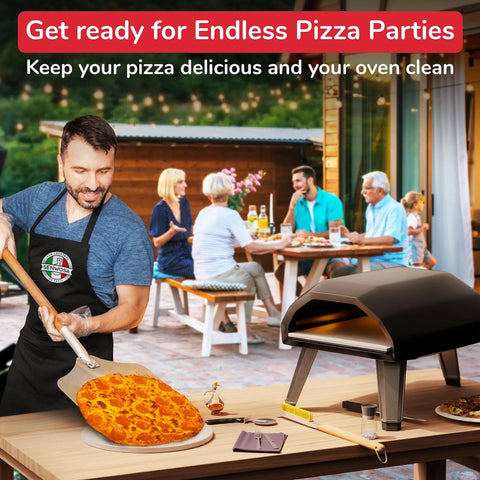 Pro Grade Home Pizza Oven Accessories Kit 6 Piece Set With Peel Oven Brush Bubble Popper Turner Rocker Cutter Dough Roller And Scraper Ideal For Home Pizzeria Nights Easy Safe Handling With Long Handles Durable Materials showing outdoor pizzeria setup with pizza oven and party scene.