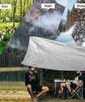 Heavy Duty Tarp Cover Extra Thick Waterproof Tarpaulin With Rip Proof Edges And Reinforced Grommets UV Resistant 5.5 Mil Thick 6x8 Ft Durable Outdoor Shelter For Gear And Equipment covering campers in various weather conditions.
