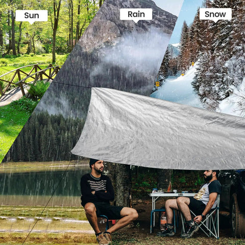 Heavy Duty Tarp Cover Extra Thick Waterproof Tarpaulin With Rip Proof Edges And Reinforced Grommets UV Resistant 5.5 Mil Thick 6x8 Ft Durable Outdoor Shelter For Gear And Equipment covering campers in various weather conditions.