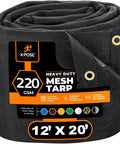Heavy Duty Mesh Tarp 12 Ft By 20 Ft Multipurpose Black Protective Cover with brass grommets and label visible.
