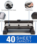 Rugged Heavy Duty 3 Hole Punch for 40 Sheet Capacity Adjustable 2 to 4 Hole Paper Puncher with T Handle Durable Office Desk Tool Black shown with features highlighted.
