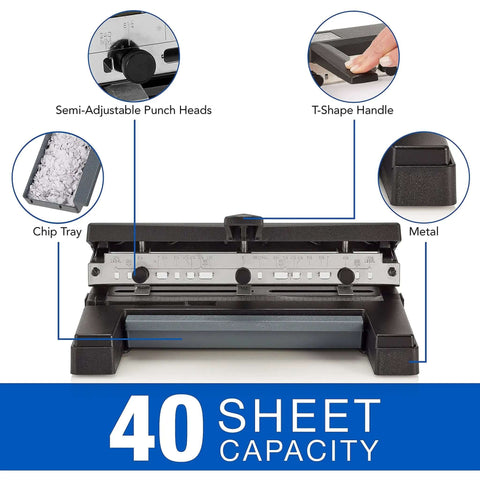 Rugged Heavy Duty 3 Hole Punch for 40 Sheet Capacity Adjustable 2 to 4 Hole Paper Puncher with T Handle Durable Office Desk Tool Black shown with features highlighted.