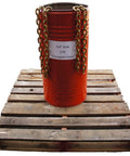 Built Tough 3/8 Inch G70 Transport Link Chain 400 Foot Continuous Roll with label on a barrel on wooden pallet.