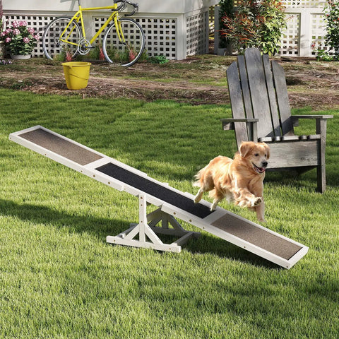 Golden retriever using Wooden Dog Agility Seesaw For Backyard Play And Training, Weatherproof Outdoor Exercise Toy With Stable Base