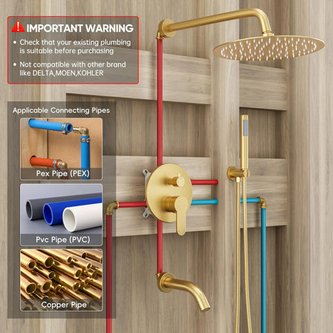 Heavy Duty Brushed Gold Shower System With 10 Inch Rain Shower Head And Tub Spout Solid Brass Faucet Set Built Different Zero Plastic All Metal Bath Setup Badass Quality