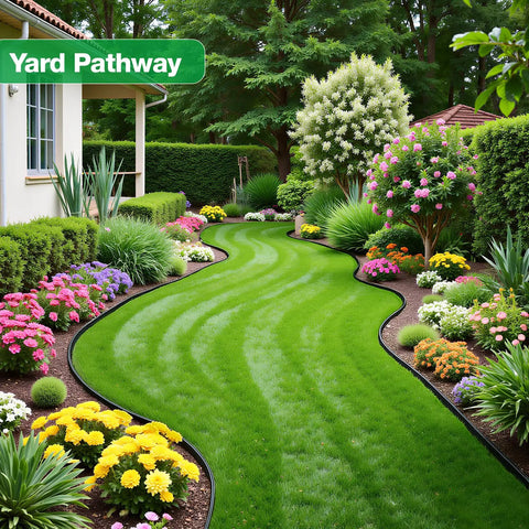 Garden Edging Border Kit 33 Ft Of Flexible 2 Inch Tall Plastic Landscape Edge With 50 Stakes bordering a lush yard path