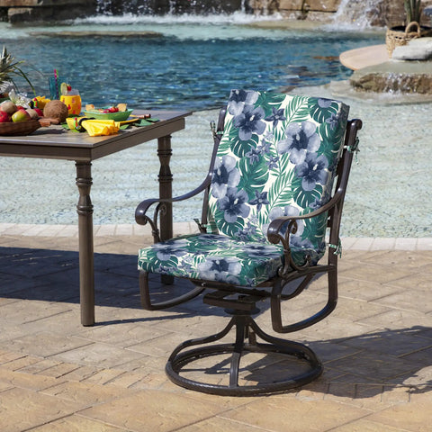 4-Pack Outdoor Patio Dining Chair Cushions 20x44 Inches, Rain-Proof And Fade-Resistant, PFAS-Free with Salome Tropical Pattern on chair