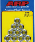 Set Of Ten M10 X 1.25 Locking Flange Nuts Forged From Heavy Duty Chromoly Steel Featuring A Top Shelf Serrated Flange And Cadmium Coating Perfect For Street Customs And Daily Drivers Built Rock Solid Made In Usa in packaging.