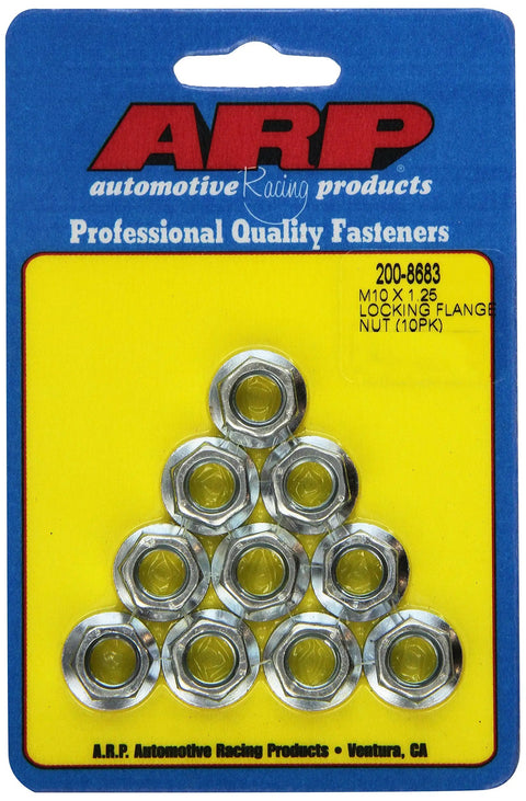 Set Of Ten M10 X 1.25 Locking Flange Nuts Forged From Heavy Duty Chromoly Steel Featuring A Top Shelf Serrated Flange And Cadmium Coating Perfect For Street Customs And Daily Drivers Built Rock Solid Made In Usa in packaging.