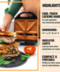 Gotham Steel Nonstick Panini Press And Sandwich Maker Grill With Indicator Light makes two pocket sandwiches with cool touch handle.