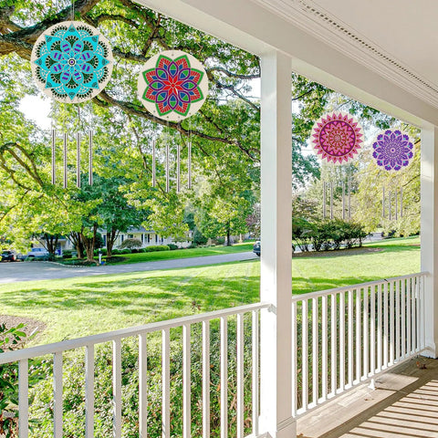 DIY Mandala Wind Chimes Craft Kit for Kids Color Your Own Wind Chimes With Wood Hanging Ornaments 24 Sets on porch