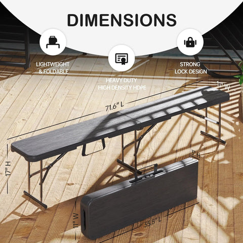 6 Foot Folding Bench Seat For Indoor Outdoor Use Portable Black 2 Pack with dimensions and folding design shown, easy carry handle visible.
