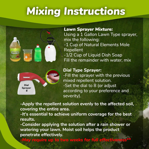Mixing instructions for Mole And Vole Repellent With 100 Percent Castor Oil Formula For A Healthy Lawn And Yard, Big Coverage 128 Oz Gallon