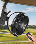 8 Inch Magnetic Clip On Fan For Golf Cart With 12000mAh Battery, Portable Fan With 5 Speeds And LED Lantern, Magnetic Base For Metal Surfaces, Keeps You Cool On The Go During Bumpy Golf Cart Rides installed on a cart, with remote control