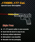 Illustration of End Barrel Laser Bore Sight For 17HMR And.177 Cal with pistol, highlighting red 5mW Class IIIa laser features.