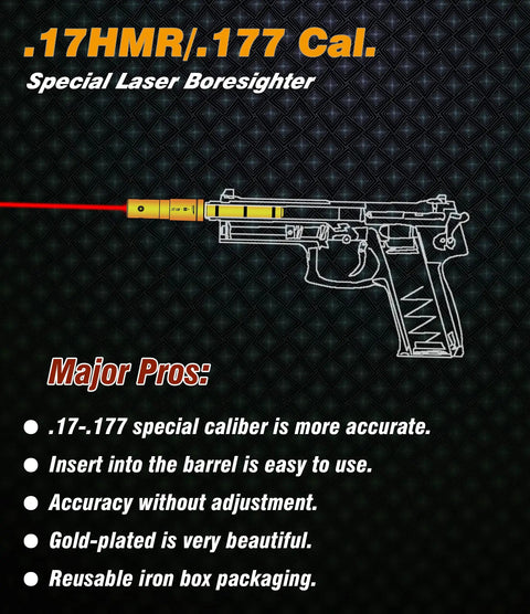 Illustration of End Barrel Laser Bore Sight For 17HMR And.177 Cal with pistol, highlighting red 5mW Class IIIa laser features.