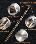 Close-up of Go-To 5/32 Inch Cobalt Drill Bits Set 20 Pieces HSS M35 showing sharp tip, 135° angle, and laser engraving details.