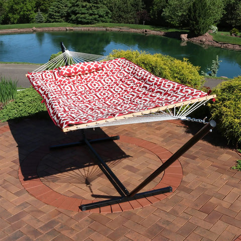 Rope Hammock With Stand For Outside Kick Back Backyard Vibe Heavy Duty Freestanding Outdoor Hammock Set With Quilted Pad And Pillow 12 Foot Steel Frame 275 Lb Capacity Royal Red