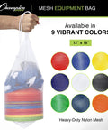Breathable Mesh Sports Equipment Bag 12x18 Inch with colorful discs inside, held by hand, shown in nine colors.