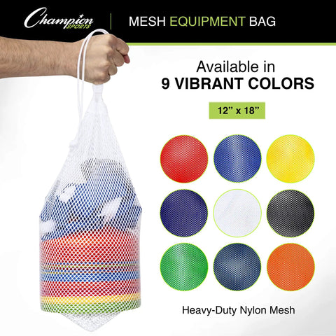 Breathable Mesh Sports Equipment Bag 12x18 Inch with colorful discs inside, held by hand, shown in nine colors.