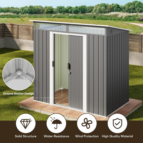 Durable 6x4 Outdoor Metal Storage Shed With Sliding Lockable Doors Bright Clear Panel Windows Built To Last, weatherproof dark gray