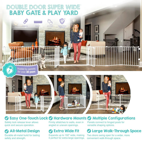 Super Wide Baby Gate And Play Yard For Large Openings Expands To 192 Inches Wide Eight Panel Gate With Walk Through Doors Hardware Mounted For Babies Toddlers And Pets, showing a living room setup with an adjustable white gate and a woman with a child standing by it.