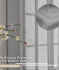Gray Faux Linen Sheer Curtains Set, 2 Panels Each 40x96 Inches, shown in a living room, textured fabric detail, rod pocket style