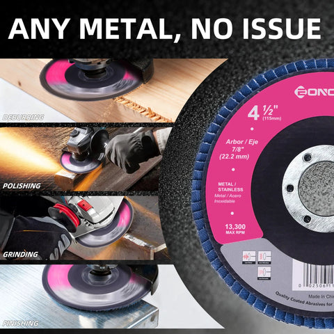 Front view of 4 1/2 in flap disc, 40 grit Type 27 zirconia abrasive for angle grinder; metal/wood finishing, 12-pack