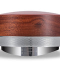 KNODOS 54mm espresso distribution tool with rosewood top and knurled stainless steel base, front view