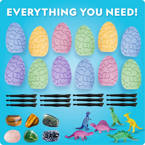 Eggscavation Easter Dig Kit With 12 Dig Bricks, Glow In The Dark Dinosaur Figures And Real Gemstones, Includes Dig Tools