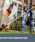 Man using Ultra Lightweight 40V Cordless String Trimmer Weed Eater With 13 Inch Dual Exit Cutting Head Auto Feed Spool Includes 2 Batteries