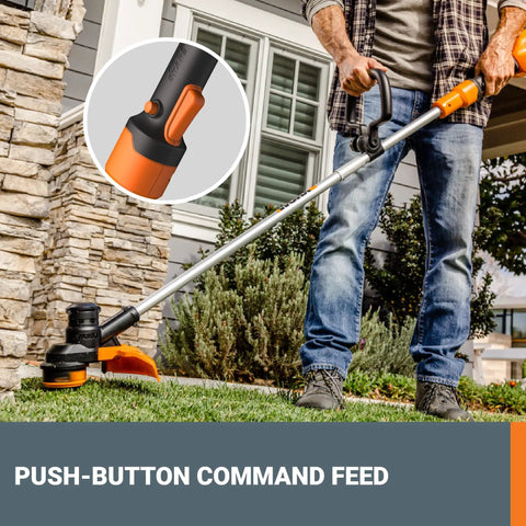 Man using Ultra Lightweight 40V Cordless String Trimmer Weed Eater With 13 Inch Dual Exit Cutting Head Auto Feed Spool Includes 2 Batteries